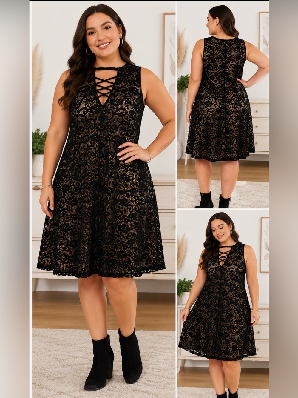 Liberty Love 1X Black Lace Dress Sleeveless Criss Cross Neck Boho Goth Witchy - Picture 3 of 9